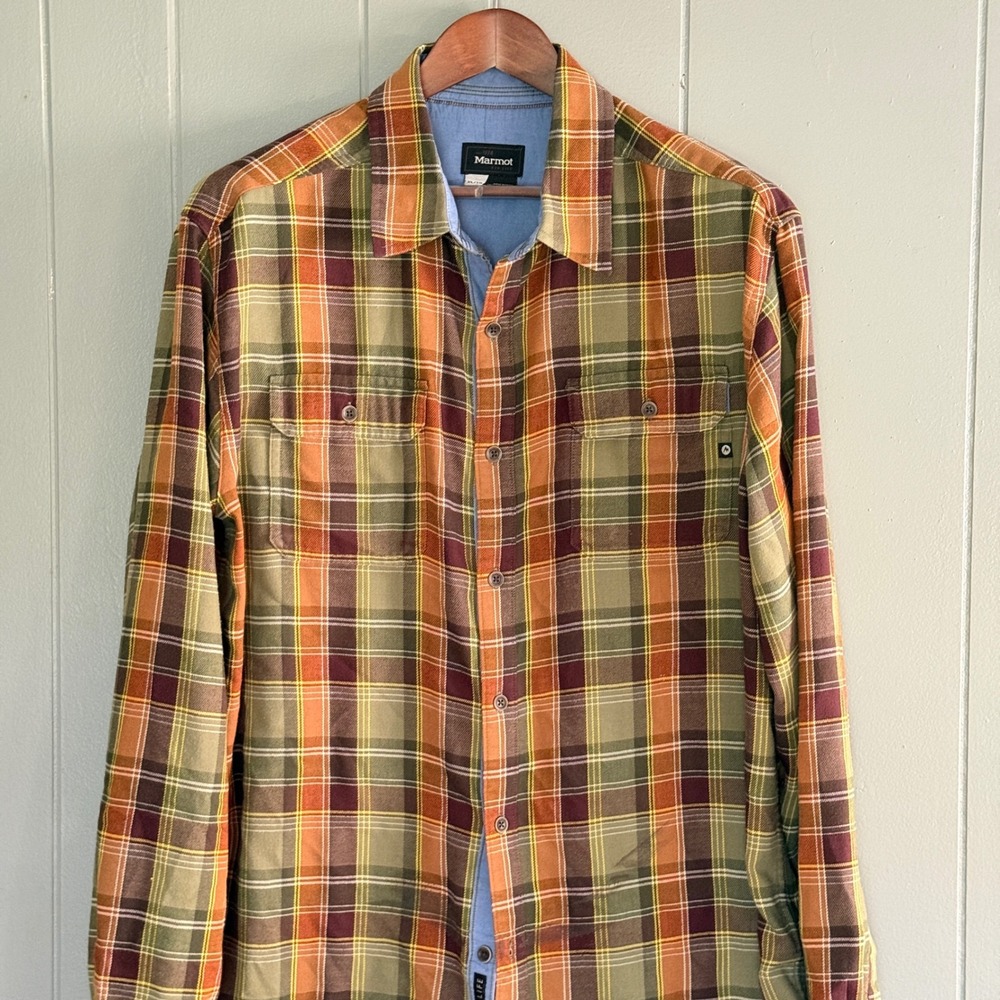 Marmot Mens Plaid Flannel Shirt Earth Tone Gorpcore Outdoor Button Up XL FLAW